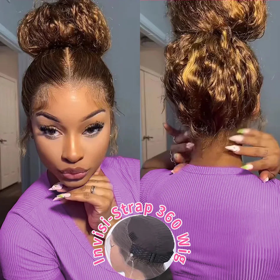 Honey Blonde Deep Wave Human Hair 360 Full Lace Frontal Wig 13X4 Curls 250 Density