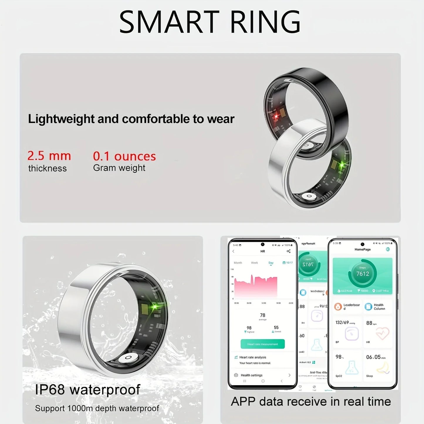 Odelettevcy Smart Ring Sleep Tracking Works IPhone Android