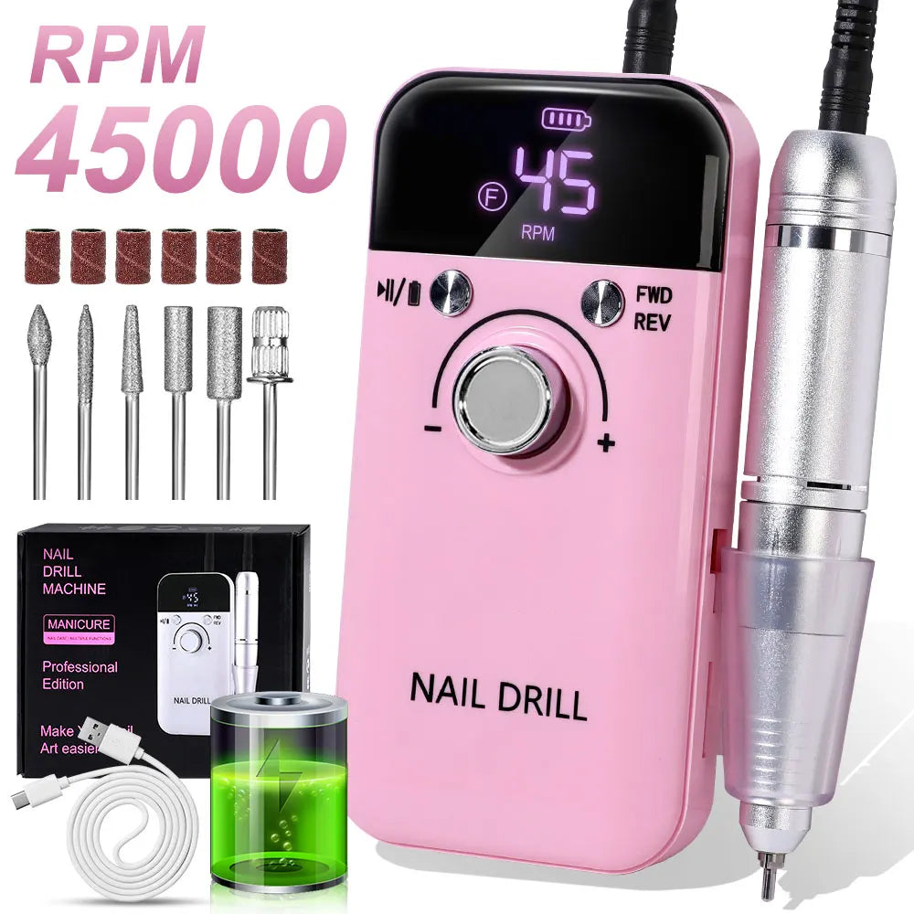 Nail Drill 45000 RPM Rechargeable Electric File For Gel