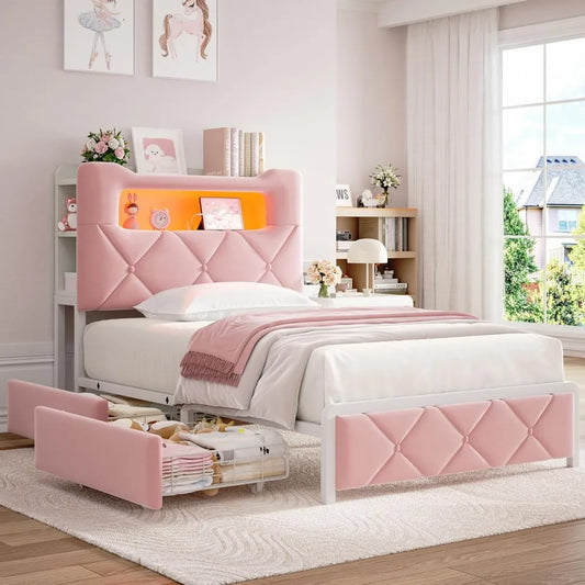 LED Bed Frame With 2 Storage Drawers And Bookcase Headboard